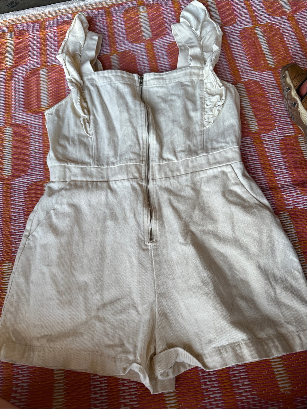 Gilli Cream Ruffle Strap Romper with Front Zip